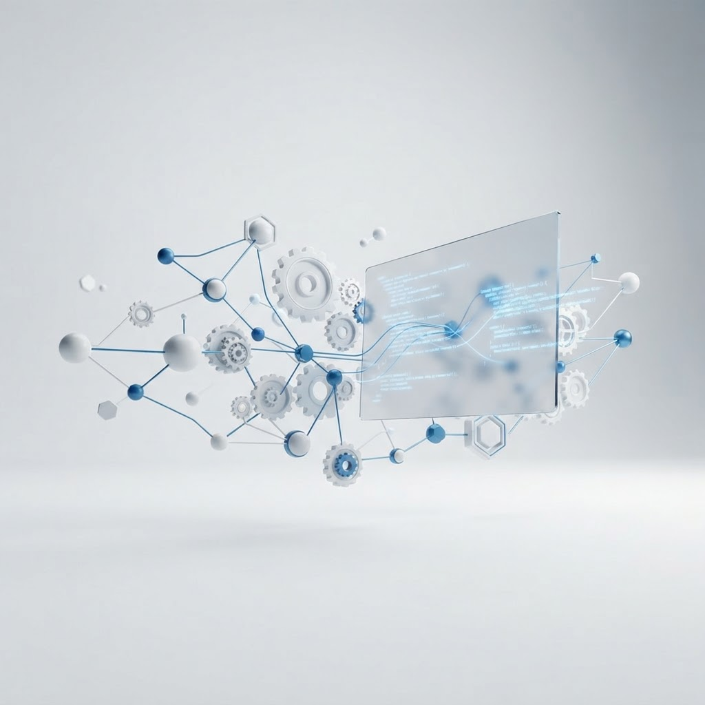 Vernetzte Workflow-Knoten und Zahnräder als Sinnbild für Automatisierung