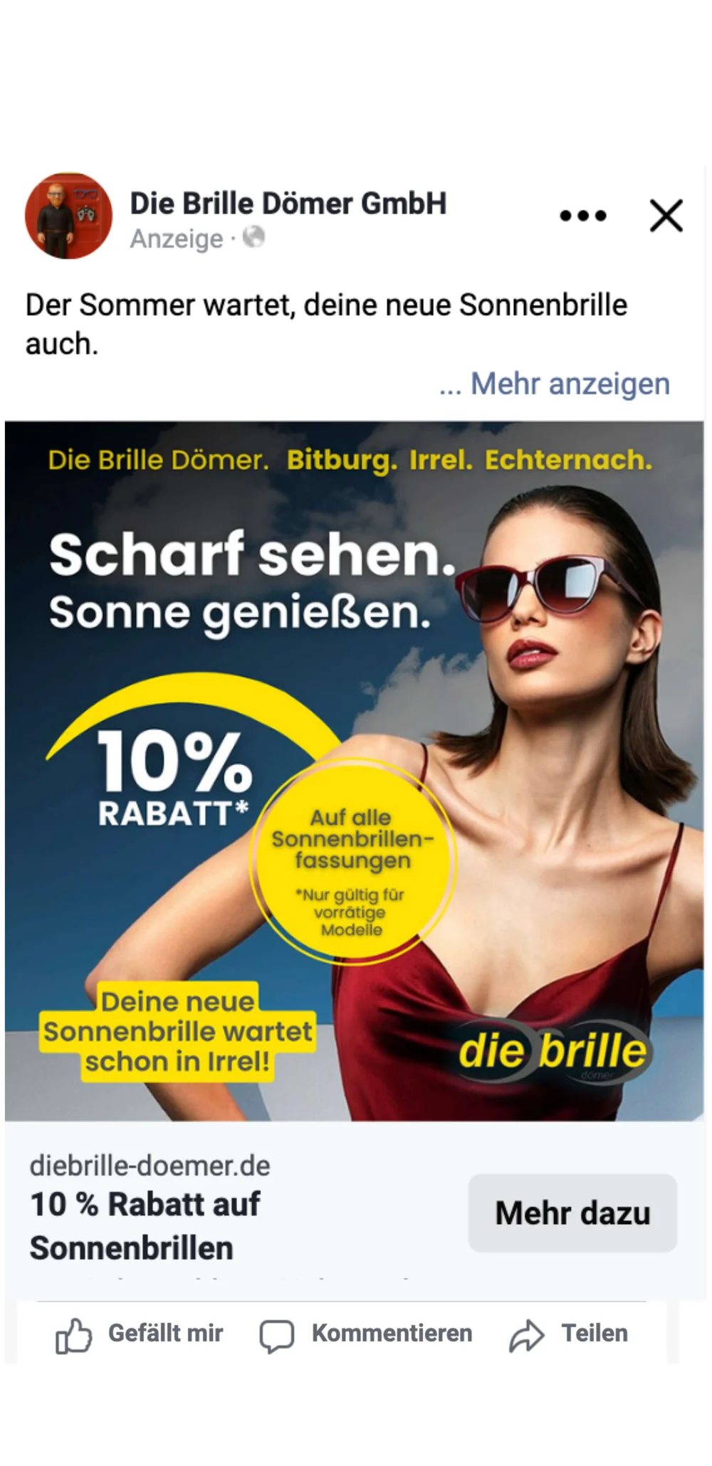 Meta Feed-Anzeige von Die Brille Dömer – scharf sehen mit Sonnenbrille.