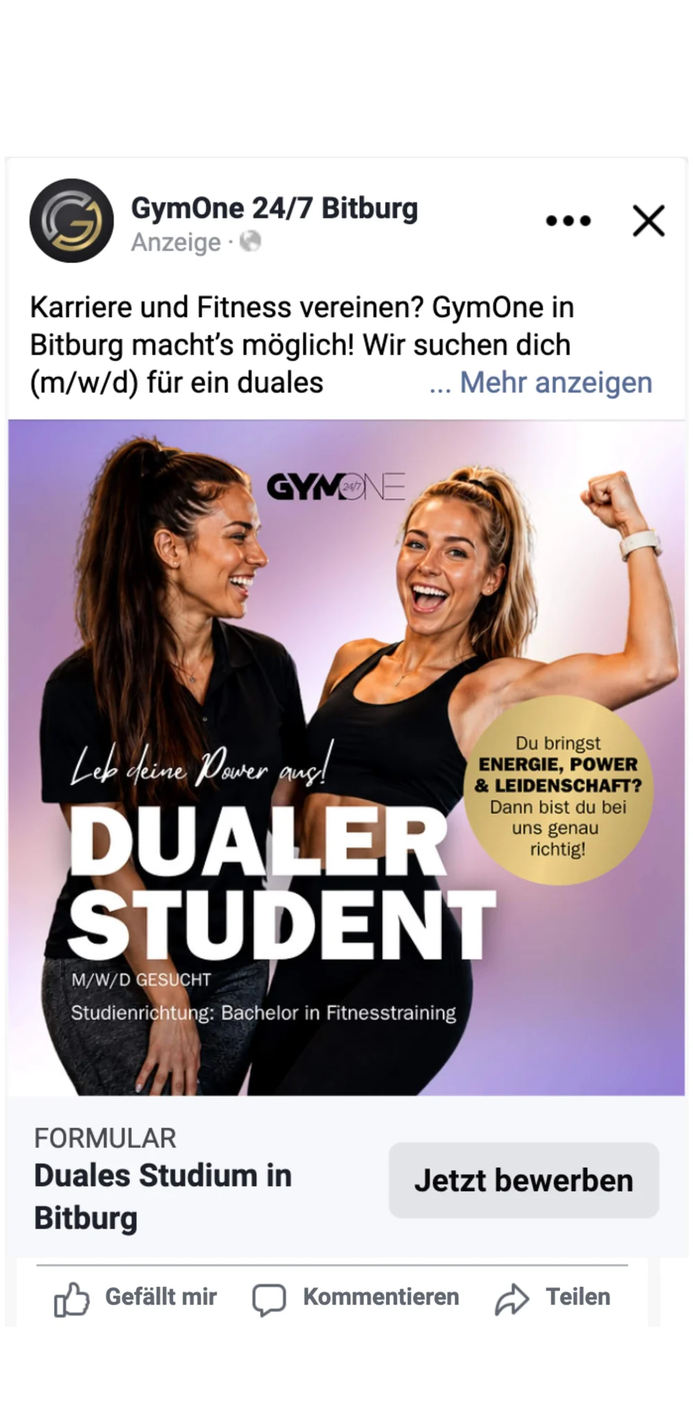 Meta Feed-Anzeige von GymOne 24/7 Bitburg – Recruiting „Dualer Student" fürs duale Studium im Fitnessbereich, zwei Trainerinnen.