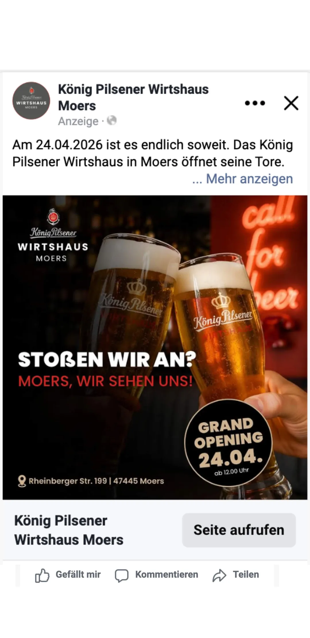 Meta Feed-Anzeige des König Pilsener Wirtshaus Moers – „Stoßen wir an? Moers, wir sehen uns!" zum Grand Opening am 24.04.