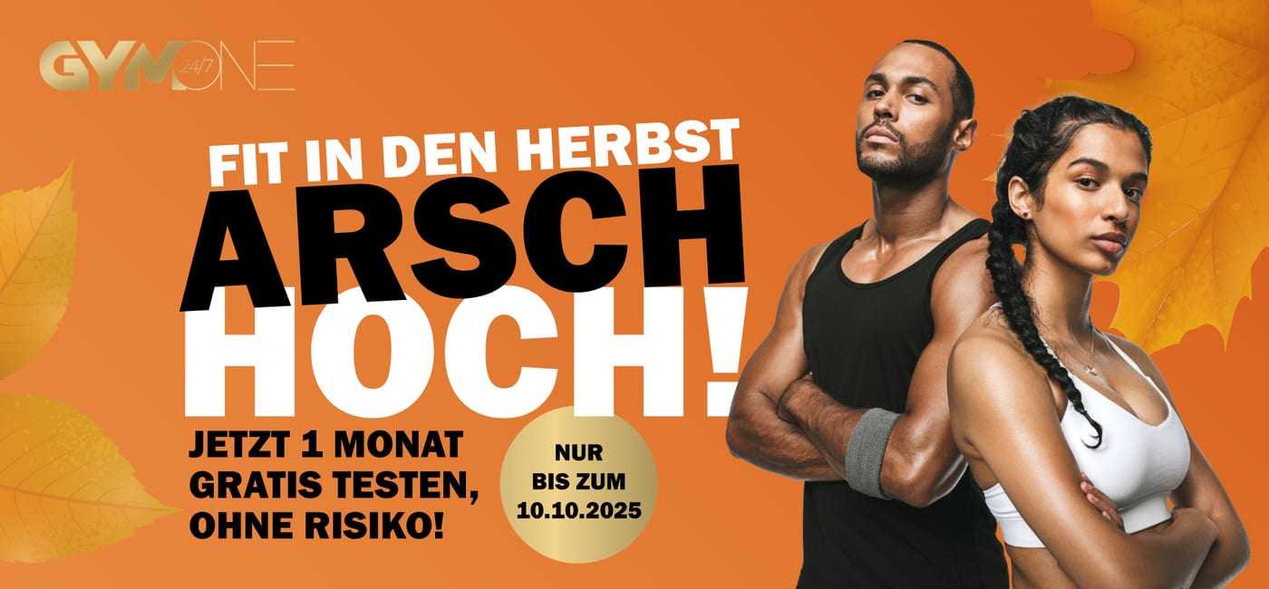 GymOne Herbst-MaxiCard „Fit in den Herbst", Vorder- und Rückseite.
