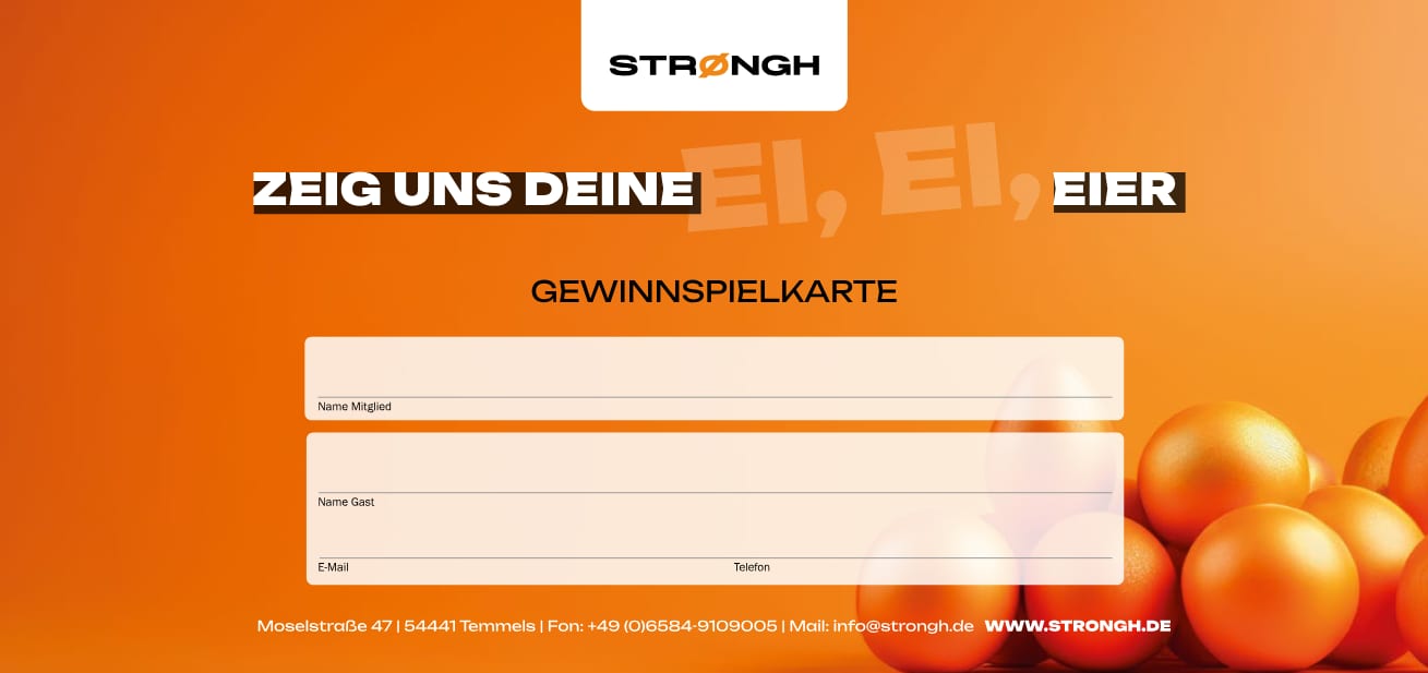 Strongh Gewinnspielkarte, Vorder- und Rückseite.
