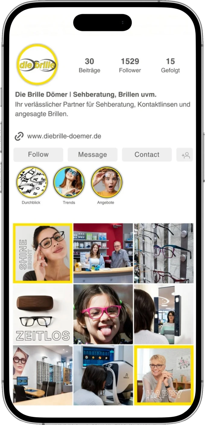Instagram-Feed von Die Brille Dömer im Smartphone-Mockup mit einheitlichem Grid-Design.