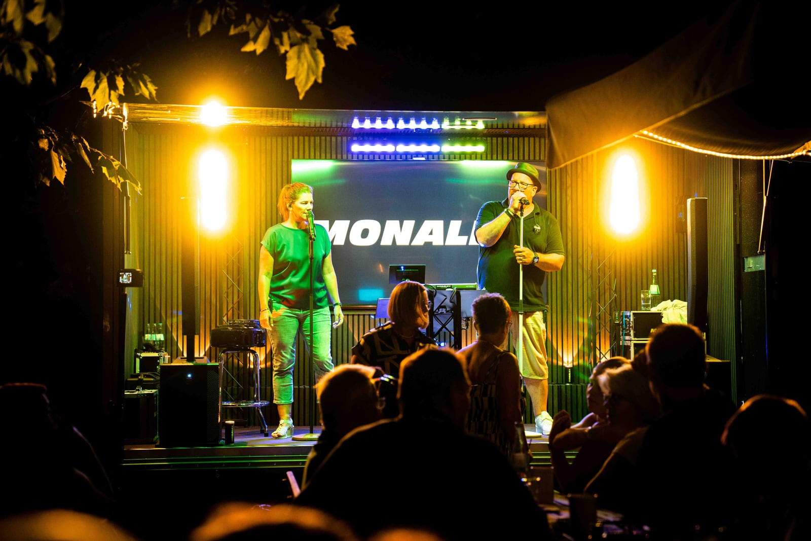 Monalex Live-Duo singt auf einer Bühne mit farbigem Bühnenlicht bei einem Abendkonzert