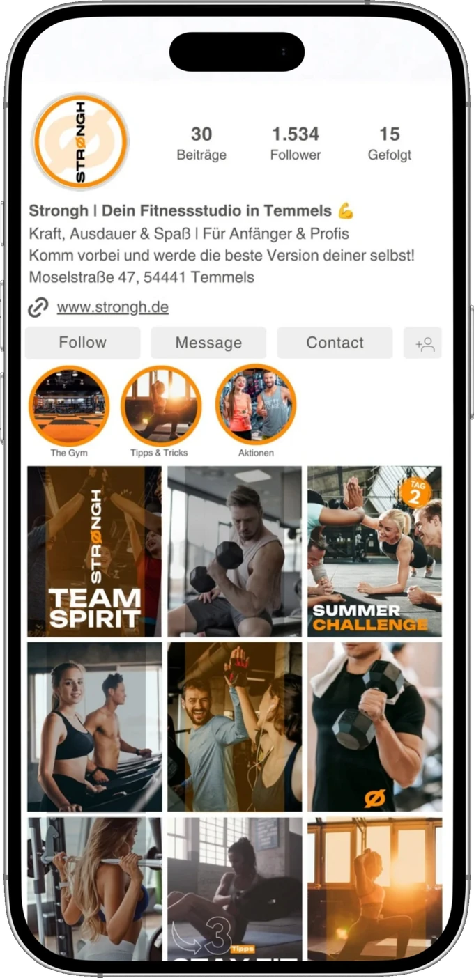 Instagram-Feed von Strongh im Smartphone-Mockup mit einheitlichem Grid-Design in Schwarz und Orange.