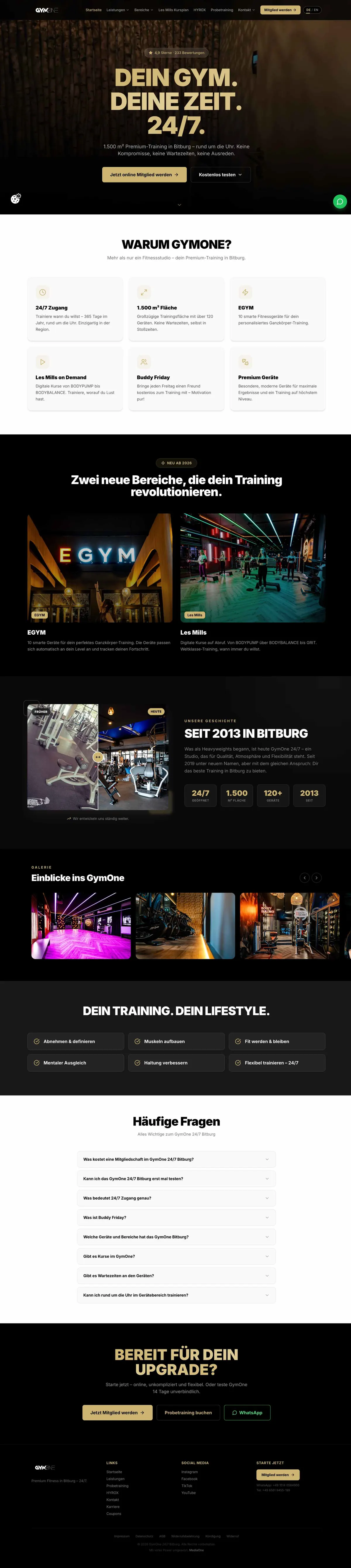 Komplette GymOne-24/7-Website mit dem Claim „Dein Gym. Deine Zeit. 24/7", Feature-Übersicht, den Bereichen EGYM und Les Mills, der Studio-Geschichte seit 2013 und FAQ-Sektion.